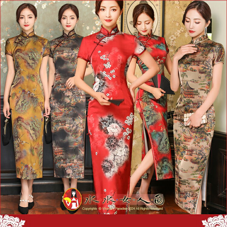 復古絲綢印花短袖長旗袍清新優雅中國風連身裙洋裝四季皆宜時尚修身顯瘦喜宴日常百搭-花事悅(五色)-水水女人國