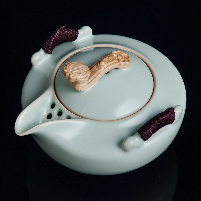 手工天青汝窯茶壺家用陶瓷單茶壺泡茶器蟬翼開片可養茶藝汝瓷茶壺