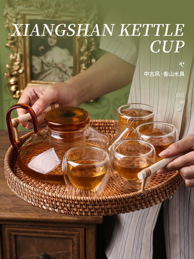 Canjay 耐熱茶壺茶杯套裝家用泡茶壺玻璃茶具法式復古養生泡茶壺