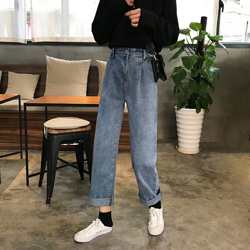 高腰顯瘦褲子女春季新款韓版牛仔褲寬松百搭直筒褲學生長褲潮1入
