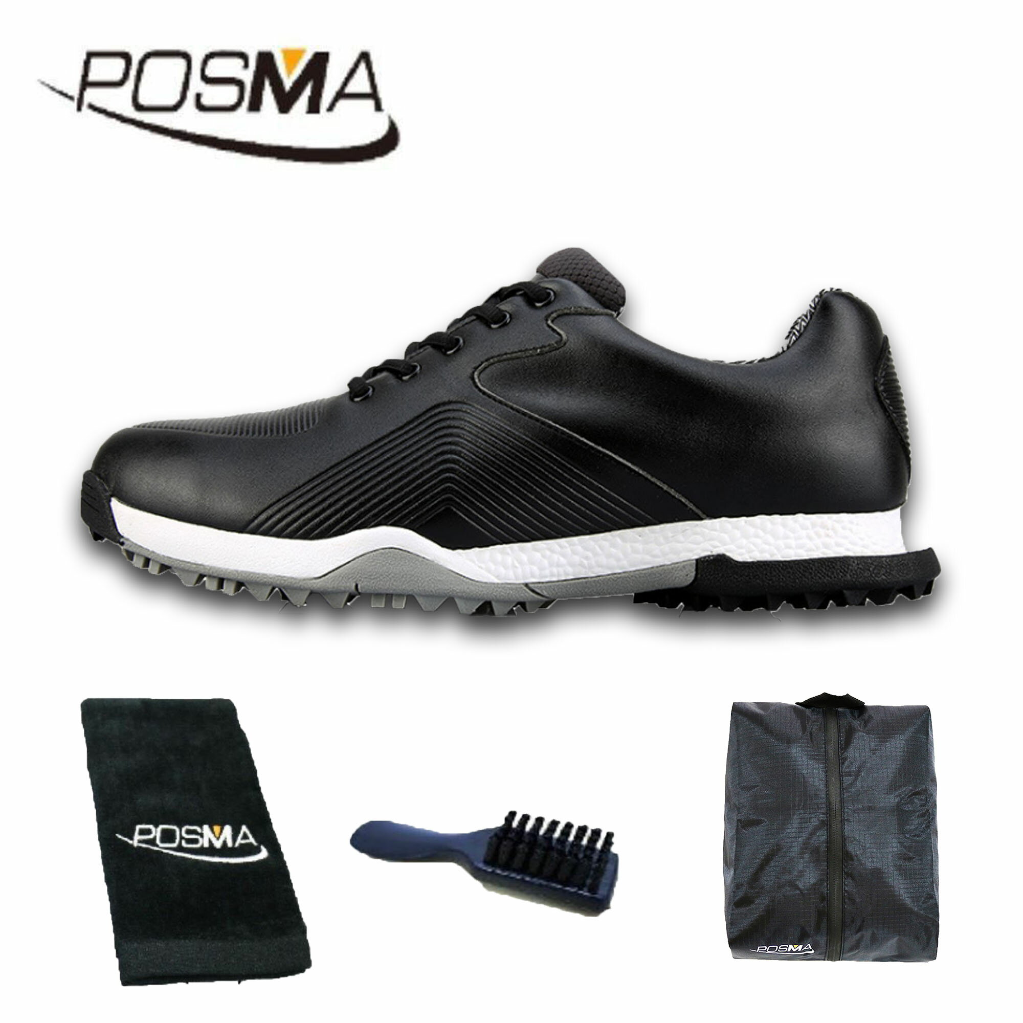 高爾夫男士防水運動鞋 寬版舒適型 軟鞋底球鞋 GSH116 黑 配POSMA鞋包 2合1清潔刷  高爾夫球毛巾