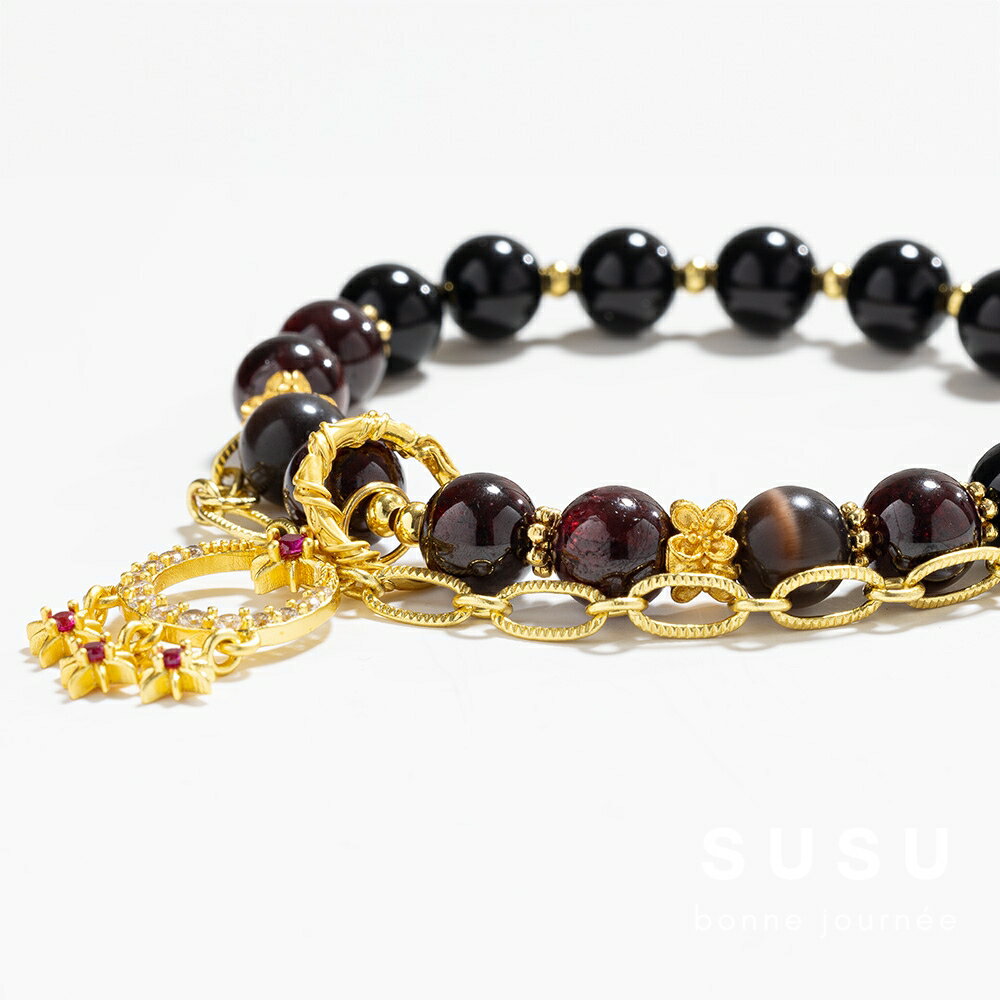 SU SU︱墨舞水晶手鍊❤️石榴石 黑曜石 事業運 招財 轉運 能量 防小人 送禮 推薦 韓系 3