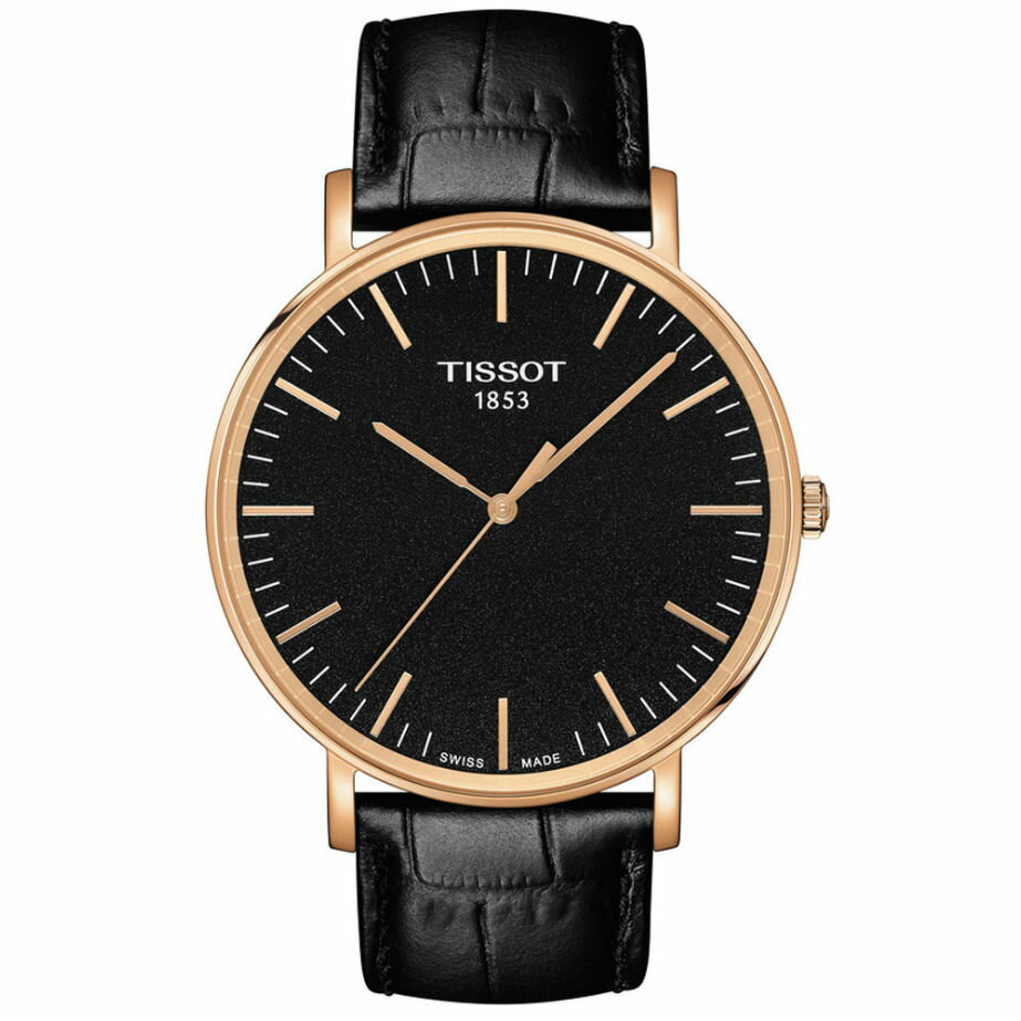 TISSOT 天梭表T1096103605100Everytime經典時尚紳士石英腕錶/黑+玫瑰金 42mm