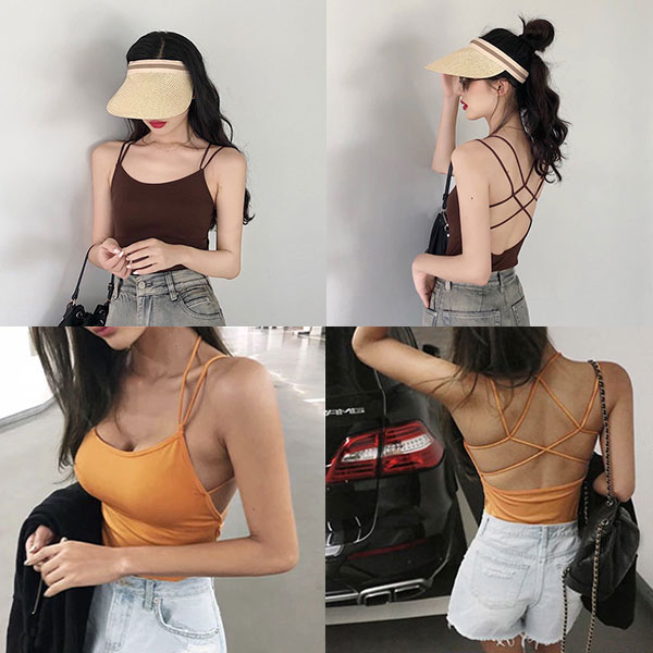 ANNAS 多色美背罩杯背心 長版美背爆乳胸墊細肩帶交叉露背條紋性感小可愛 顯瘦素面百搭彈性海邊比基尼 3