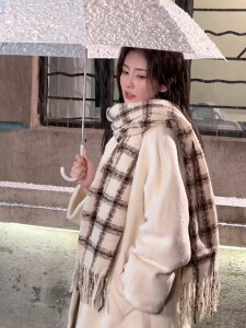 白鹿同款圍巾女2023新款冬季高級感格子韓版學生保暖圍脖雙面兩用