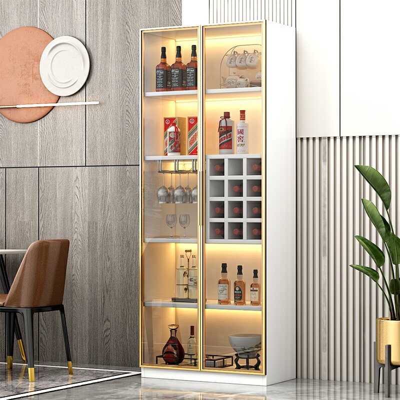 高級酒柜一體靠墻家用輕奢現代簡約立式儲物柜客廳白色玻璃展示柜
