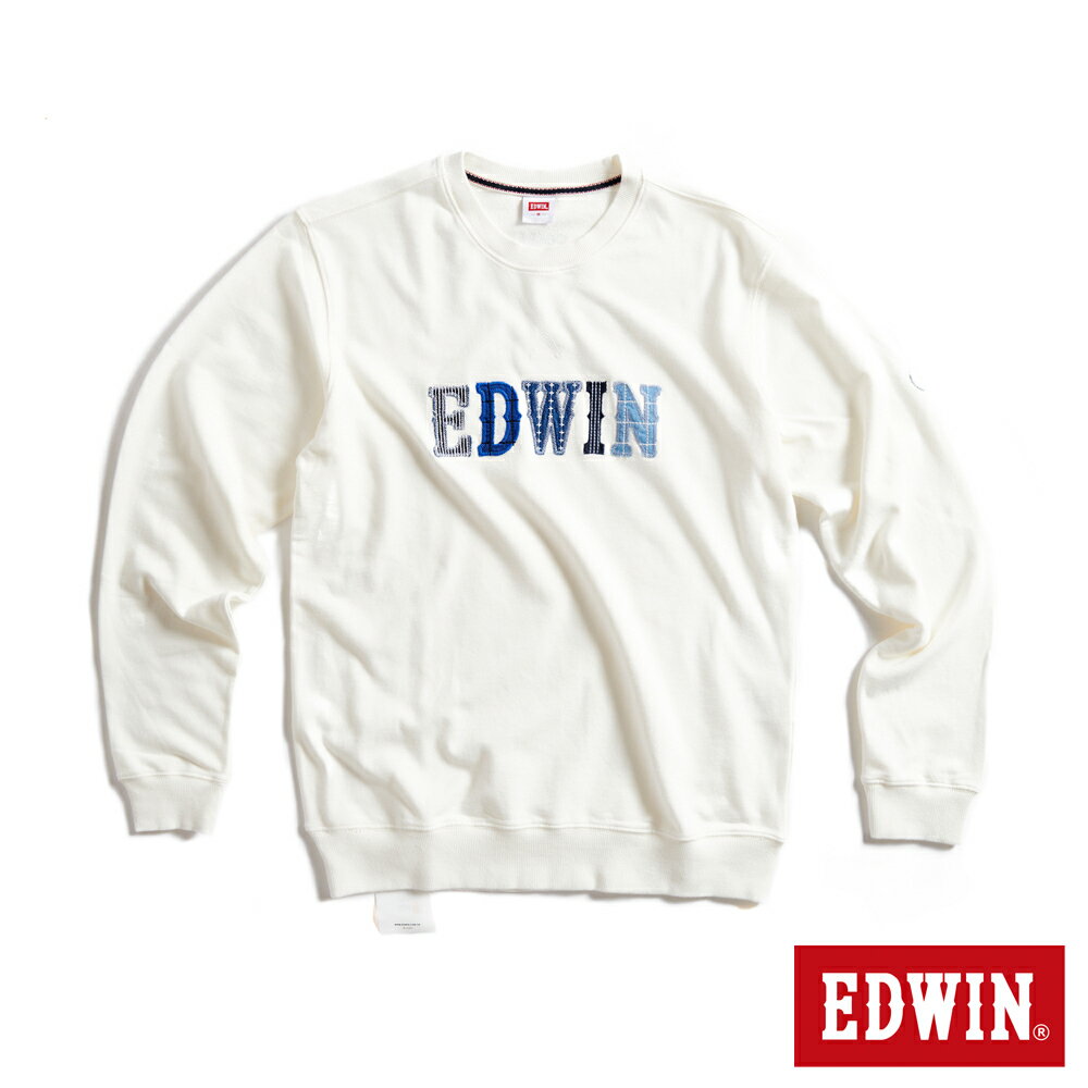 EDWIN CORE再生系列 環保丹寧拼接LOGO休閒厚長袖T恤-男款 米白色