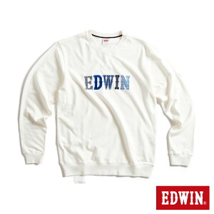 EDWIN CORE再生系列 環保丹寧拼接LOGO休閒厚長袖T恤-男款 米白色 #換季折扣