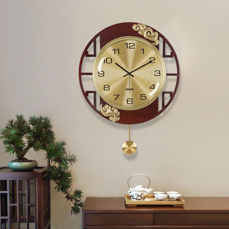 時鐘 新中式實木銅掛鐘 客廳家用輕奢風鐘表時尚創意中國風掛墻裝飾時鐘