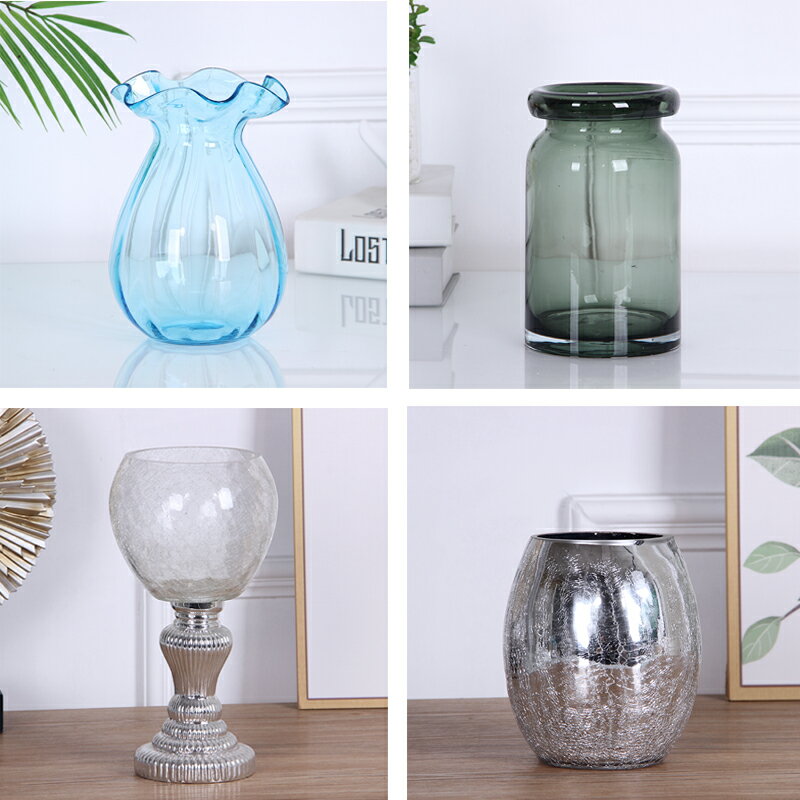 歐式簡約透明玻璃花瓶客廳水培玫瑰富貴竹大號花器插花裝飾擺件