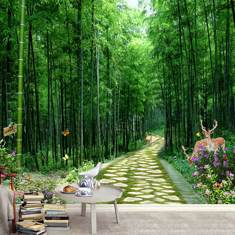 大型壁畫3D田園電視背景墻紙客廳立體山水畫竹林墻布歐式壁紙竹子
