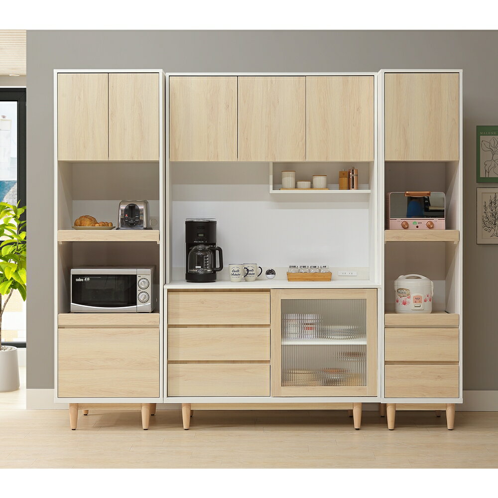 【直人木業】綠建材彩妝板溫馨系列電器櫃組226公分(電器櫃60公分+長虹玻璃上下廚櫃組121公分+電器櫃45公分)｜APP結帳再賺4%點數#小宅收納 1