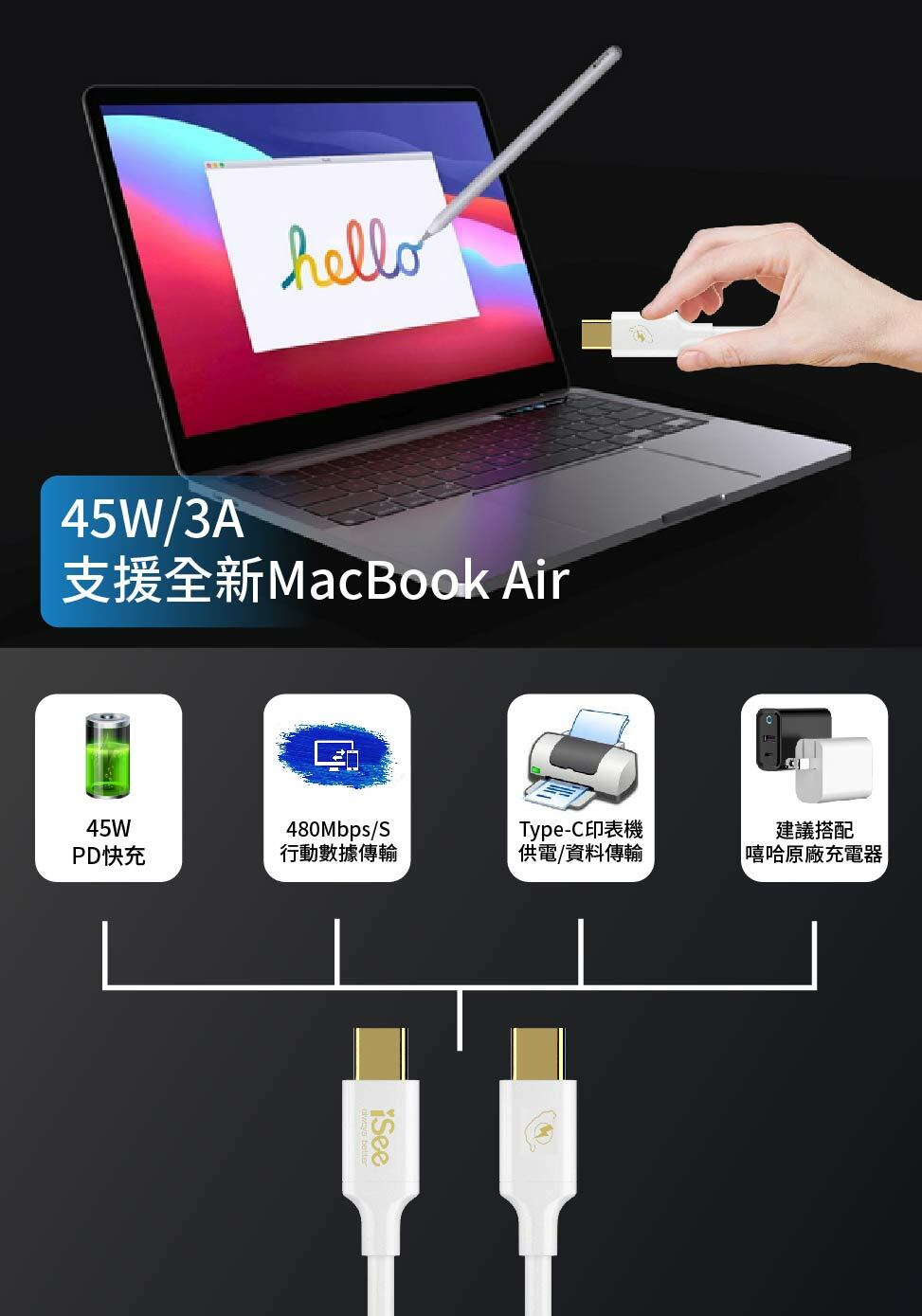 iSee 快充線 Type-C 2.5米 45W PD充電傳輸線 (IC-CC758) 3A/45W強電流 高品質線材【領券滿額再折千12/31止】 2