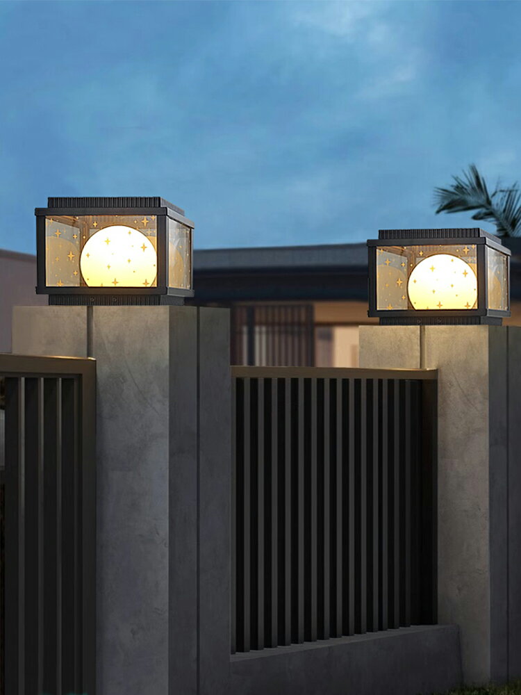 新款美式簡約戶外太陽能柱頭燈花園別墅大門柱子燈星空網紅圍墻燈