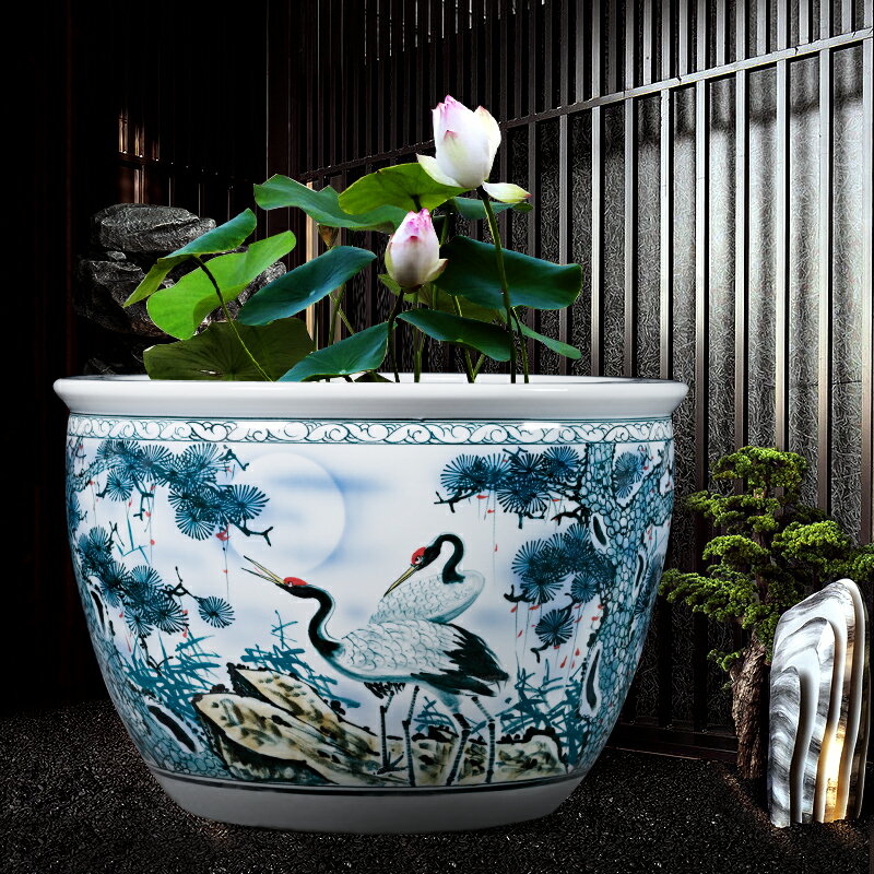 景德鎮陶瓷魚缸裝飾擺件大型青花瓷落地睡蓮碗蓮家用戶外庭院裝飾