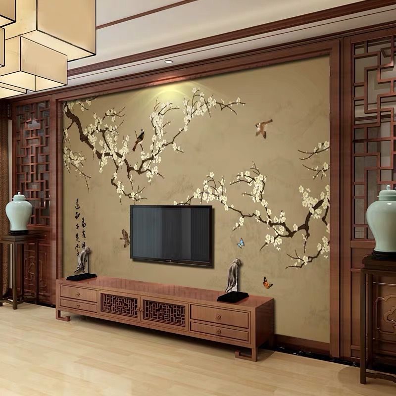 3D電視背景墻紙復古簡約裝飾客廳影視墻8d國風花鳥壁畫新中式墻布