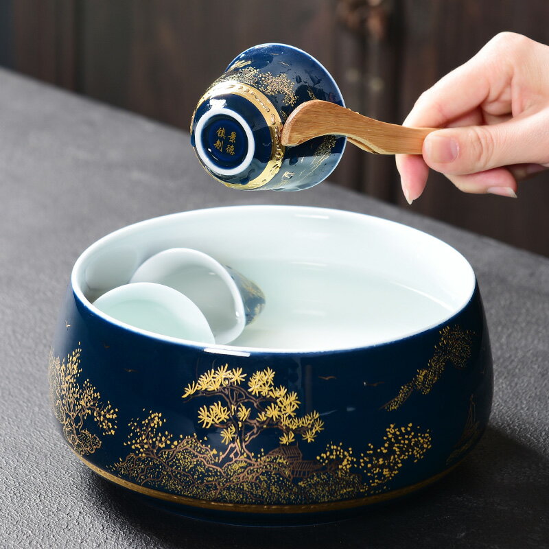 陶福氣 霽藍釉陶瓷茶具大茶洗 家用青花瓷茶洗碗茶杯收納盆大