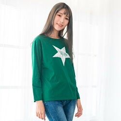 棉T--個性風簡約斑駁星星英字撞色印花寬鬆修身圓領長袖T恤(綠M-3L)-F136眼圈熊中大尺碼
