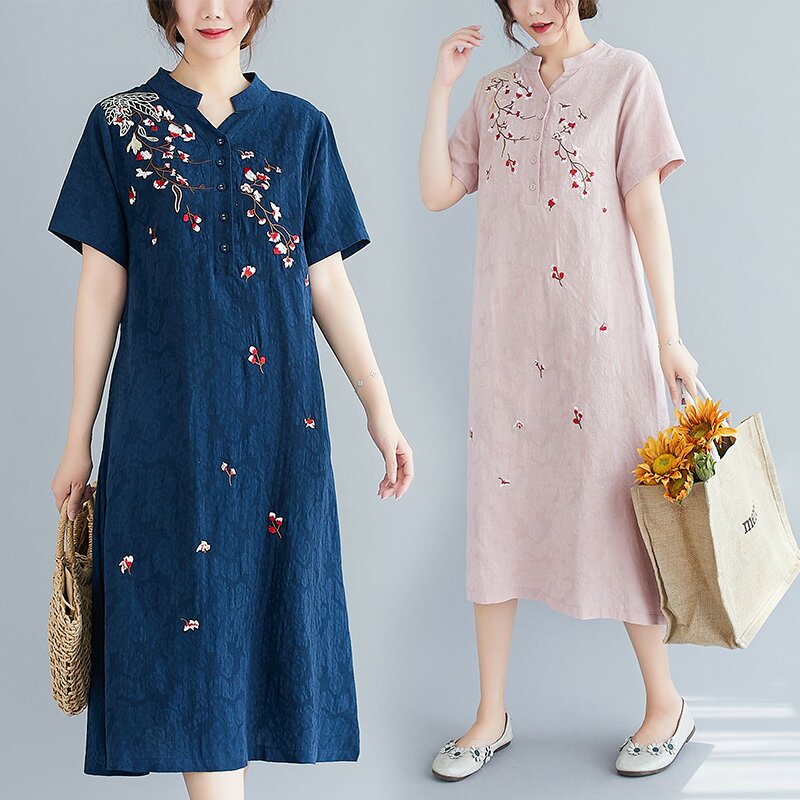 夏季新款復古文藝棉麻刺繡連衣裙寬松短袖氣質長裙女裝