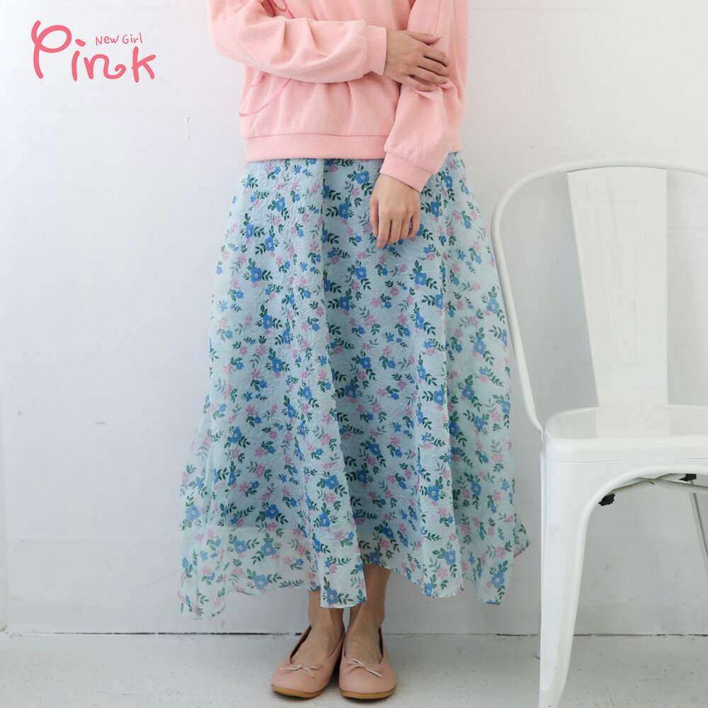 Pink*氣質淡藍花卉長裙 N3605HD｜全館499免運 0