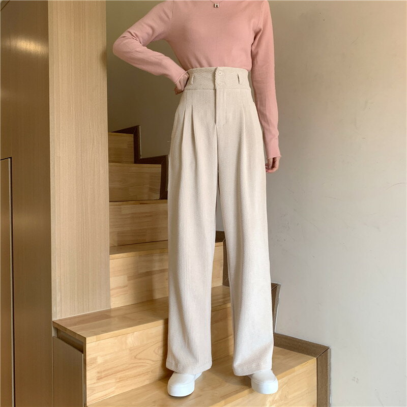 燈芯絨闊腿褲女2021年秋冬新款高腰垂感顯瘦寬松直筒休閑拖地長褲
