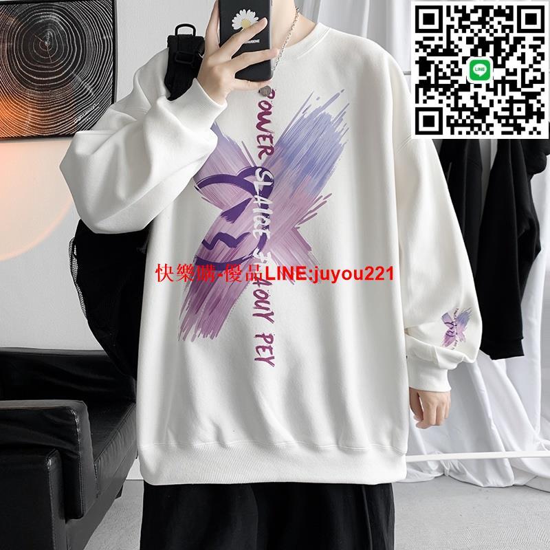 男長袖大學T【M-5XL】衛衣男春秋薄款港風ins塗鴉印花白色圓領套頭寬松休閑外套男黑色白色@木吉街風男裝