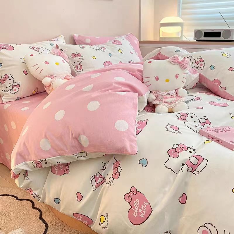 優樂悅~ins春愛心貓水洗棉可愛簡約粉色床上四件套兒童1.8被套床單三件套