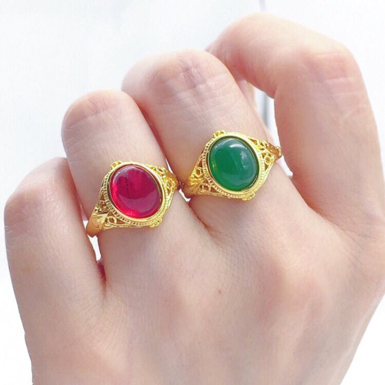 沙金戒指男女情侶紅綠寶石開活口鍍金仿黃金指環正品999久不掉色