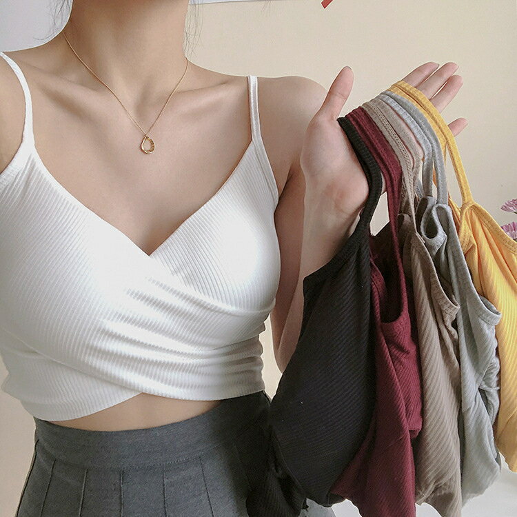 FUXI 性感交叉小可愛 帶胸墊背心女 短版背心 外穿細肩帶背心 無鋼圈內衣 聚攏內衣 素色內搭【A】