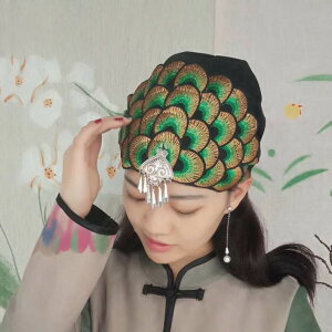 復古中國風孔雀刺繡花帽子發帶發圈民族風頭巾舞蹈配飾包頭帽女士