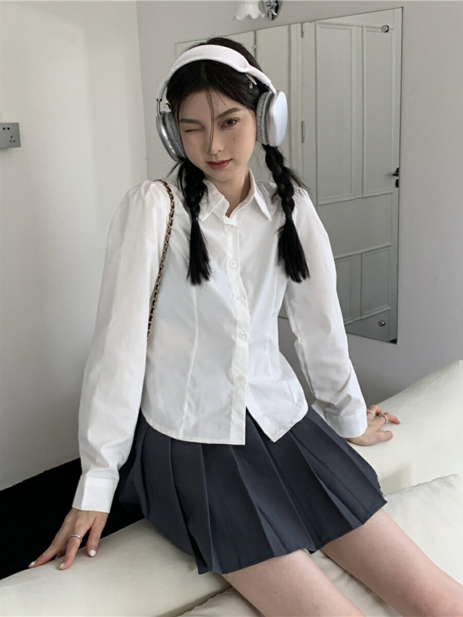 學院風內搭長袖白色襯衫女秋冬小個子修身短款收腰打底襯衣上衣