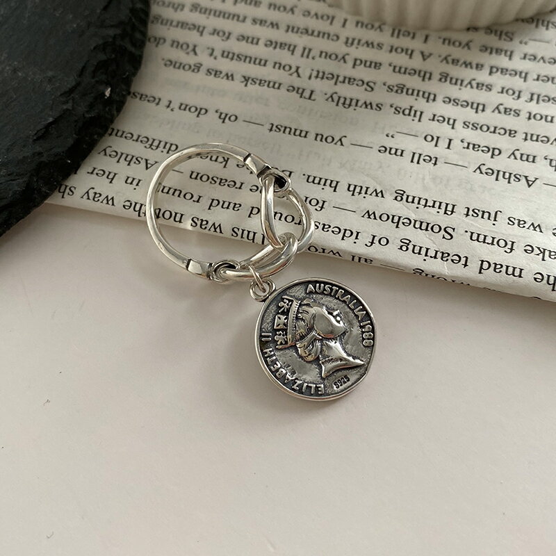 純銀復古硬幣人像戒指女泰銀做舊嘻哈食指戒酷暗黑系甜酷吊墜指環 1