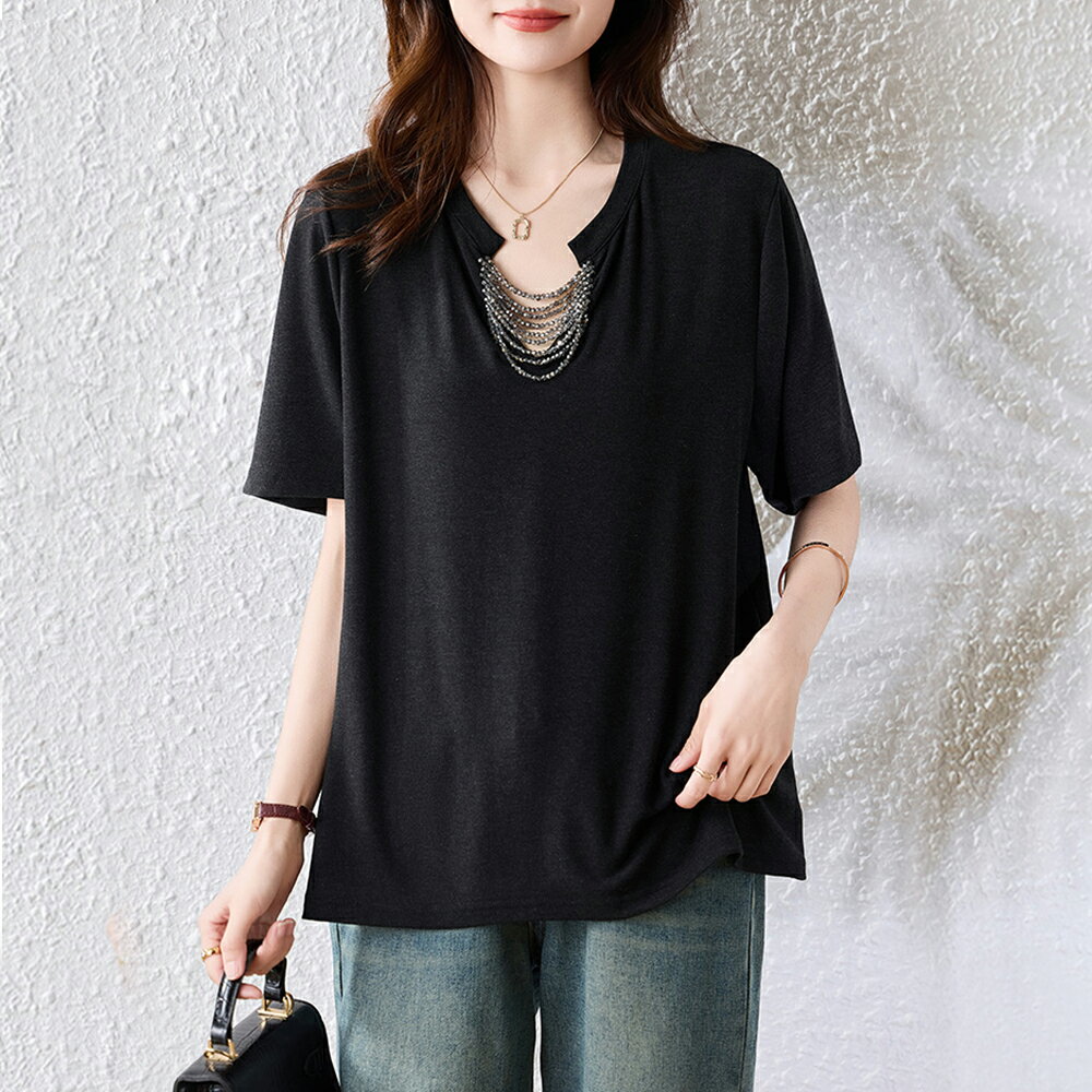 ＊ORead＊鏤空V領鏈條短袖T恤上衣(2色L~5XL)【限定加碼✿全館滿額再折】
