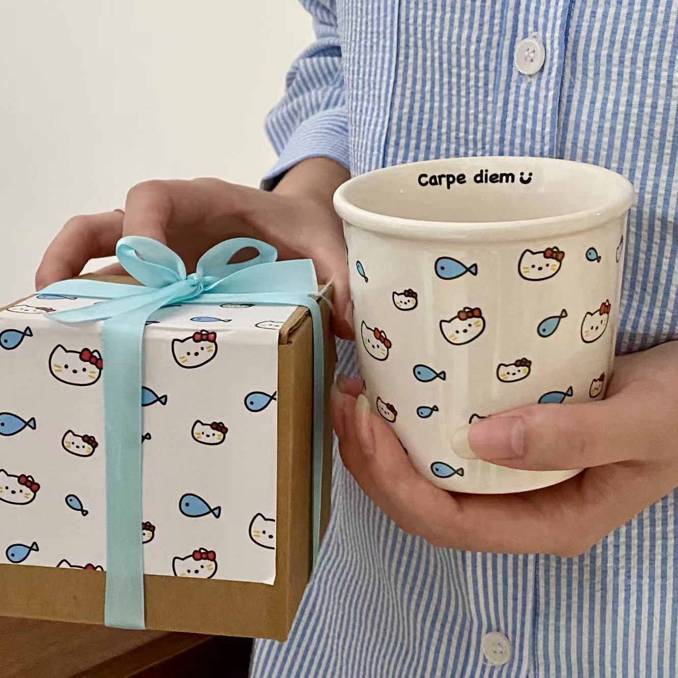 ins貓咪吃魚陶瓷杯馬克杯可愛紙杯造型手握杯咖啡杯生日禮物水杯【尚宜家居】
