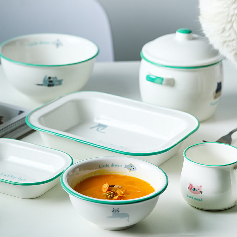 日式復古仿搪瓷飯碗陶瓷餐具家用器皿餐具個性創意ins碗碟套裝