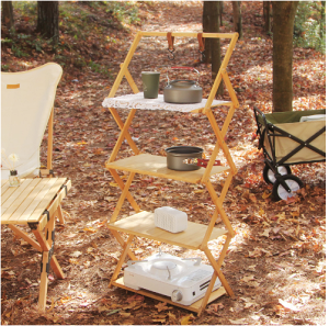 戶外露營便攜置物架跨境野餐多功能自駕游多層日式竹木折疊置物架