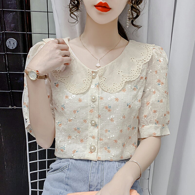 勾花鏤空娃娃領襯衫女夏年新款設計感小眾寬松遮肚碎花雪紡衫