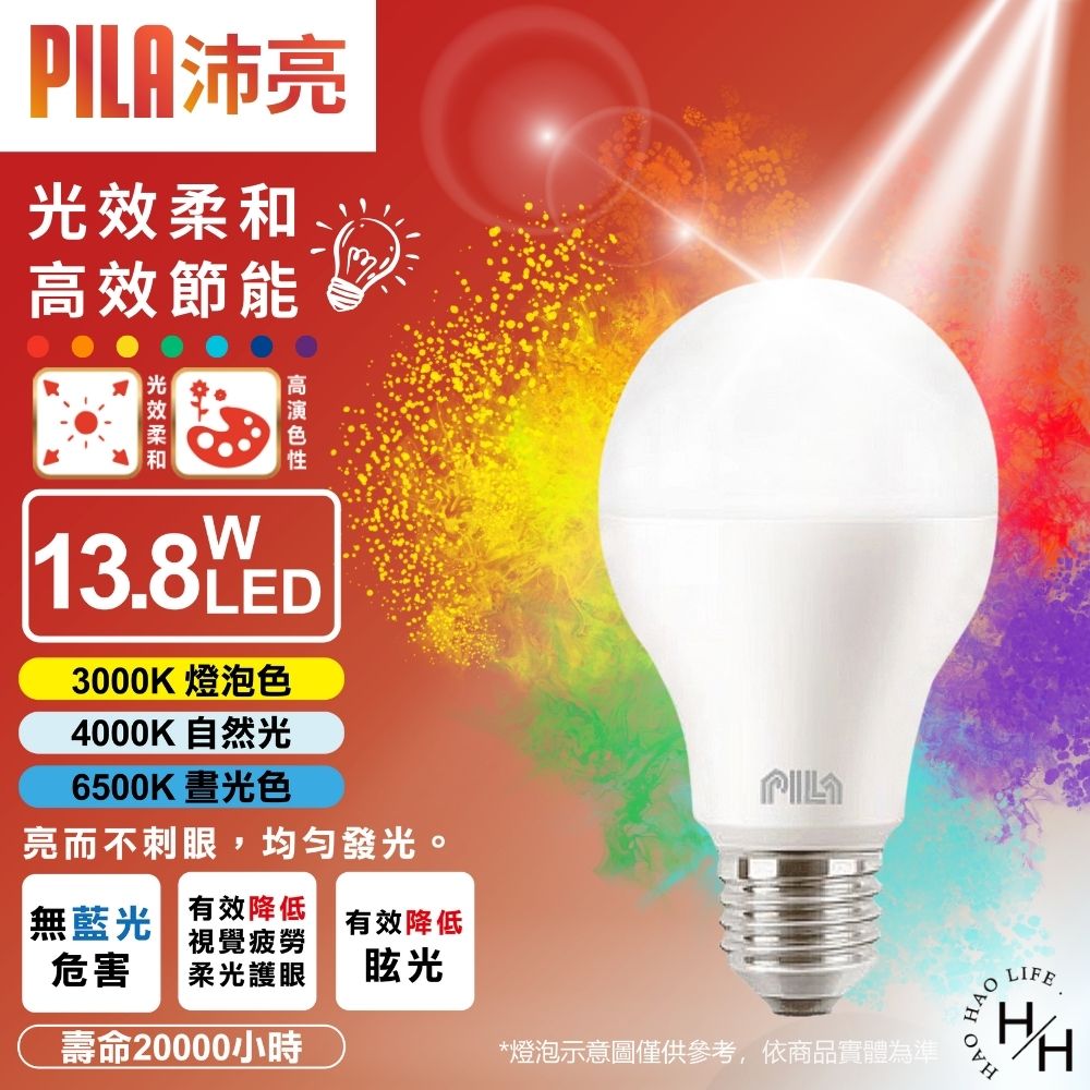 【好好生活｜ PILA沛亮】球泡 13.8W 3款任選 全電壓 白光/黃光/自然 LED燈泡 LED球泡燈 無藍光危害認證 現貨快出