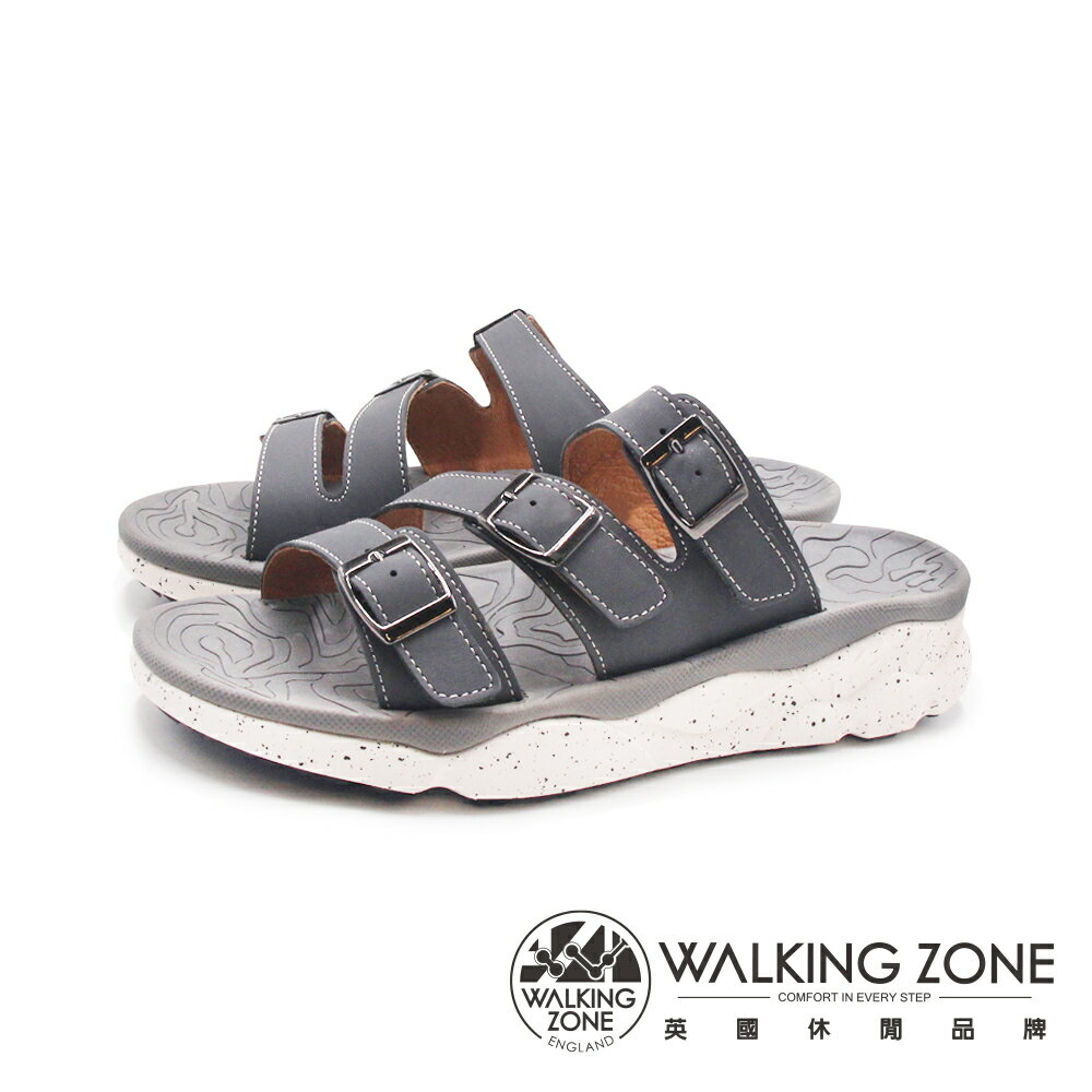 WALKING ZONE(男)三帶皮釦增高厚底拖鞋 男鞋-鐵灰色