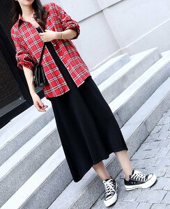 FINDSENSE品牌 秋季 新款 韓國 復古格子襯衫+氣質背帶中長款裙 兩件套 時尚 潮流套裝