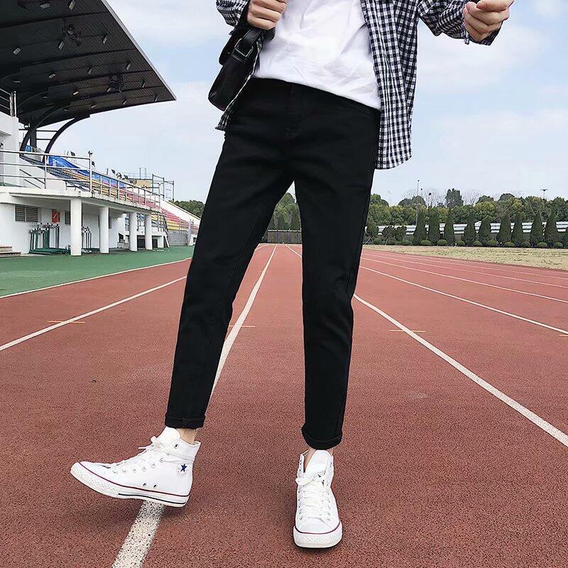 【快速出貨】黑色牛仔褲 修身休閒九分褲 韓版潮流男褲 百搭寬鬆直筒褲 小腳長褲