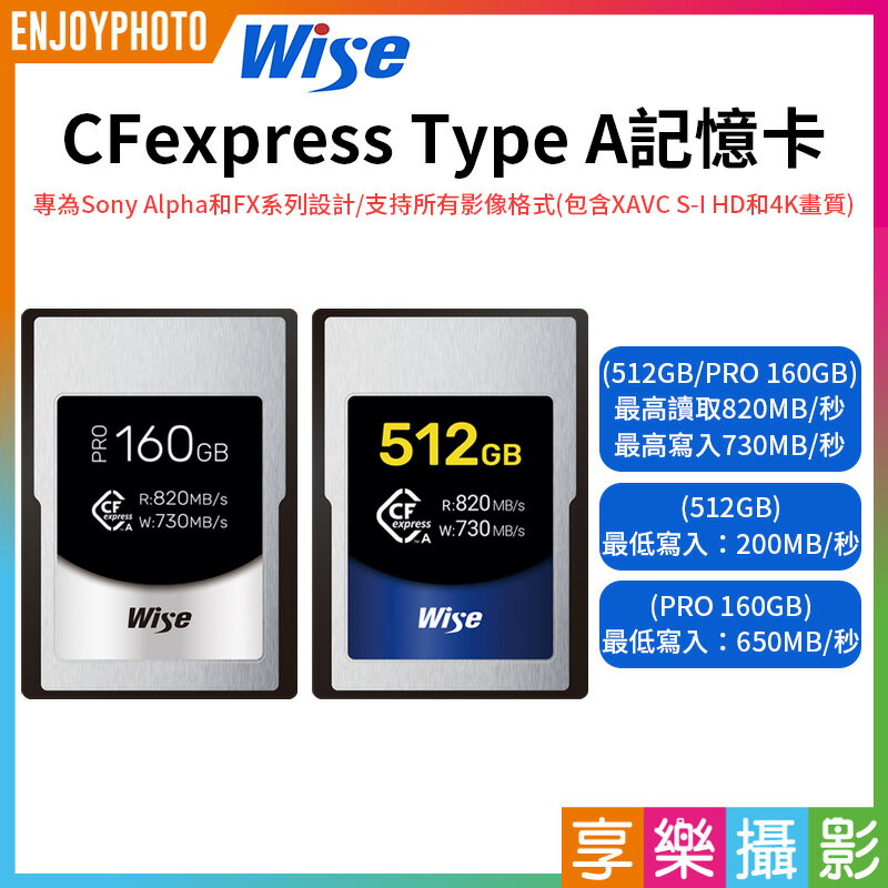 【199超取免運】[享樂攝影]【Wise CFexpress Type A記憶卡】512G/PRO 160G CFX-A 適用Sony Alpha FX Type A Memory Card【APP下單跨店最高20%點數回饋!!】
