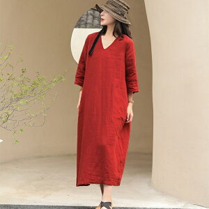 亞麻連身裙中袖洋裝-V領紅色寬鬆長款女裙子74ba27【獨家進口】【米蘭精品】
