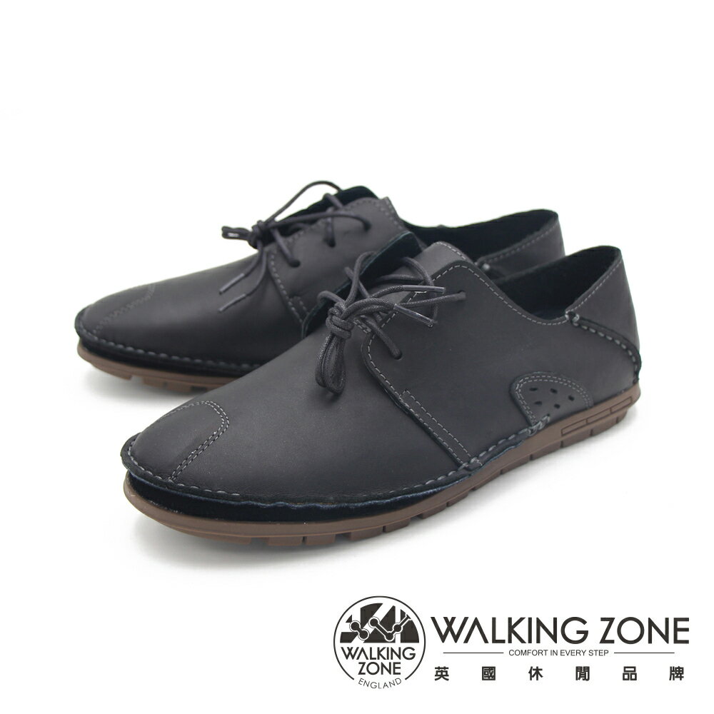 WALKING ZONE 真皮自然剪裁英倫皮革開車鞋綁帶－黑
