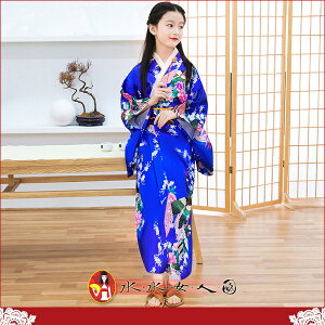日式風情！日式小女孩和服，復古印花女童浴衣睡袍-孔雀(寶藍色)-水水女人國