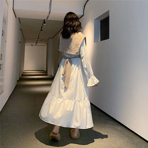 兩件式 蕾絲 翻領 洋裝 連身裙 連衣裙 長裙 長洋裝 襯衫 喇叭袖 荷葉 氣質 婚宴 婚禮 過年 新年 韓國 ANNA S.599 7