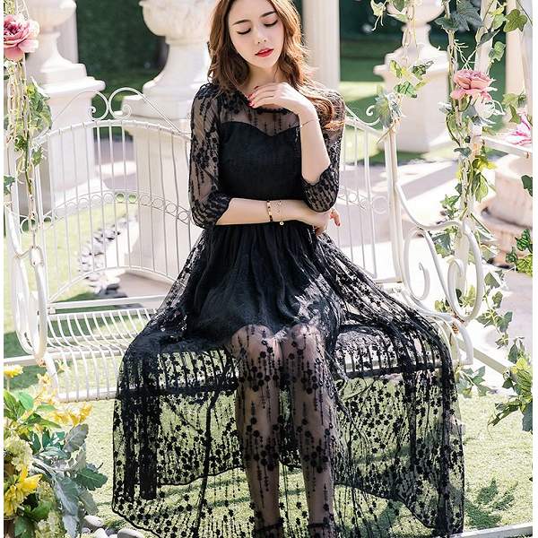 經典圓領唯美網紗刺繡五分袖透視長裙襬洋裝/謝師宴[98585-QF]灰姑娘