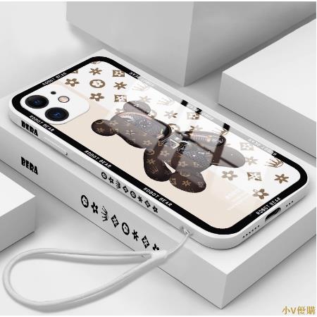 小V優購機械老花暴力熊 蘋果IPhone13 12 11Pro Max XR XS 8Plus手感液態 側邊彩繪圖案 玻璃手機殼