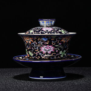 琺瑯彩陶瓷器霽藍釉琺瑯彩描金纏枝花卉大號蓋碗蓋杯功夫茶具茶杯