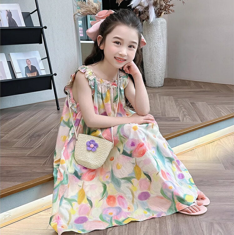女童連衣裙夏季薄款裙子兒童洋氣吊帶裙女寶寶夏裝沙灘裙【步行者戶外生活館】